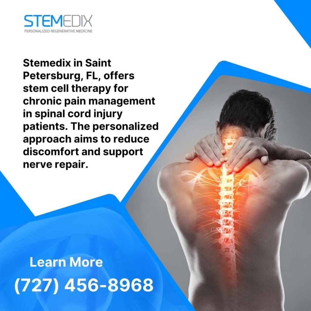 Man holding his neck with a glowing spine illustration, symbolizing pain relief through regenerative medicine at Stemedix.