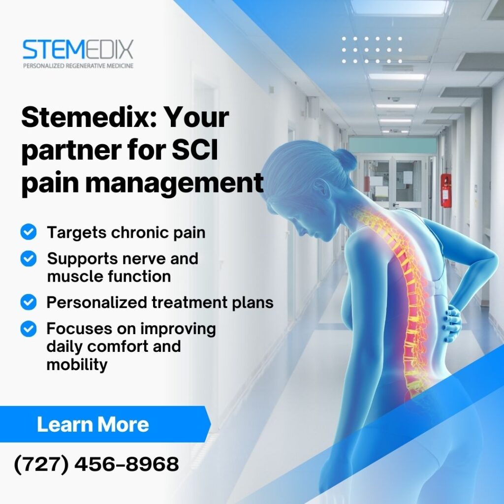 3D illustration of a person with a highlighted spine standing in a hospital hallway, representing spinal cord injury pain management at Stemedix.