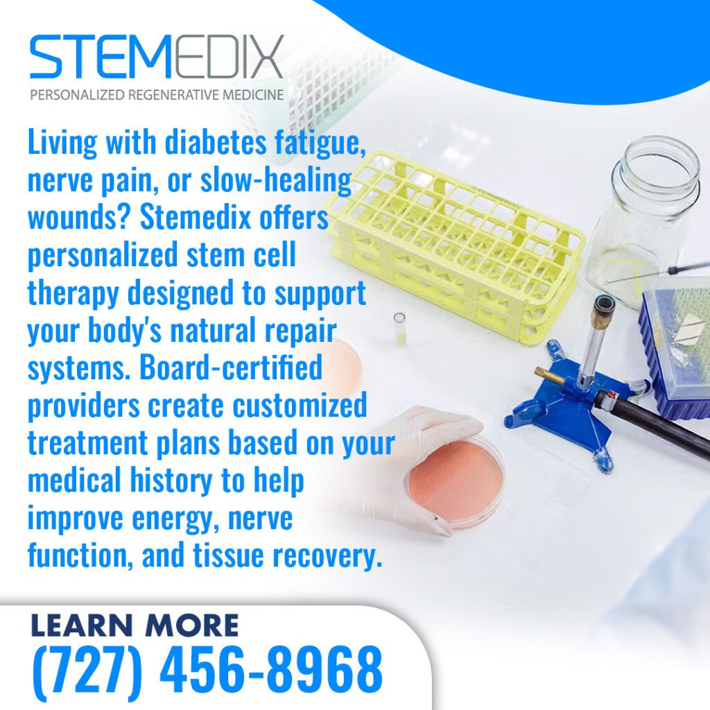 STEMEDIX lab setting with petri dishes and glassware. Ad promotes personalized regenerative medicine for diabetic fatigue, nerve pain, and slow wounds using board-certified providers. 